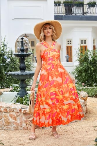 Image of GRACE KARIN Womens Summer Floral Dresses 2026 Boho Maxi Dress Flowy Halter Sundress Casual Vacation Beach Clothes with Pocket