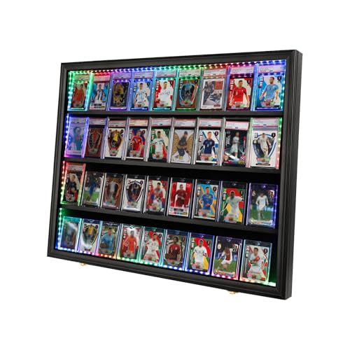 Image of KCRasan 36 Graded Sports Card Display Case with LED - Baseball Card Display Frame Lockable - Trading Card Collector Wall Display Holder for Basketball Football Hockey Cards, UV Protection Acrylic
