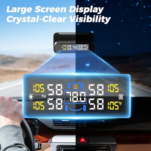 4 Sensors TPMS Tire Pressure Monitoring System, 6 Smart Safety Alerts, Adaptive Bright LCD, Solar/USB Charging, 0-6 Bar/87 PSI, Easy to Intall on Windshield for Car SUV MPV Trailer Truck - Image 5