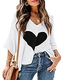 Ermonn Womens Cute Heart Sweater V Neck Crochet Knit Off Shoulder 3/4 Sleeve Pullover Tops Shirts Black White