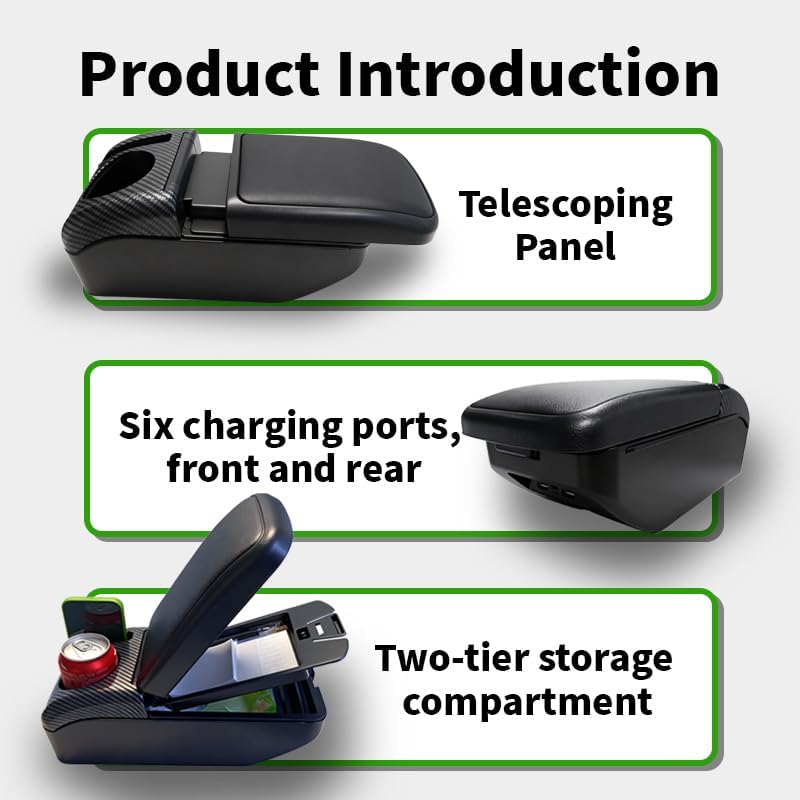 Armrest Box Double Layer Front Center Console Black PU Leather, Universal Car Armrest Box, Central Storage Organizer Box Black, USB Ports for Universal Car