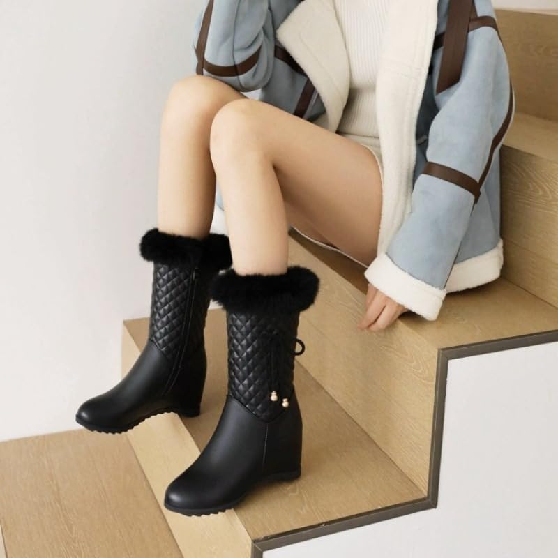 Women's Mid-Calf Winter Platform Hidden Wedge Boots Thick Rabbit Fur Collar Warm Waterproof Stretch Leather Non-slip Snow Boot with Side Zipper