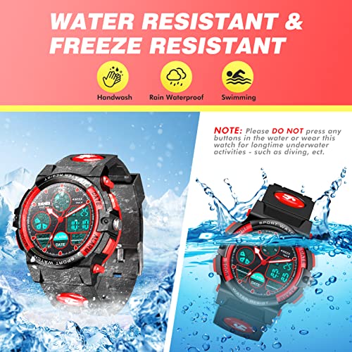 Hchildhoodv Boys Watches Ages 10-12, Wrist Watches For Boys Girls Ages 5-12 Multifunctional Digital Sport Outdoor Chronograph Waterproof Alarm Calendar Analog Watches With Alarm Stopwatch (Red) #TOP2