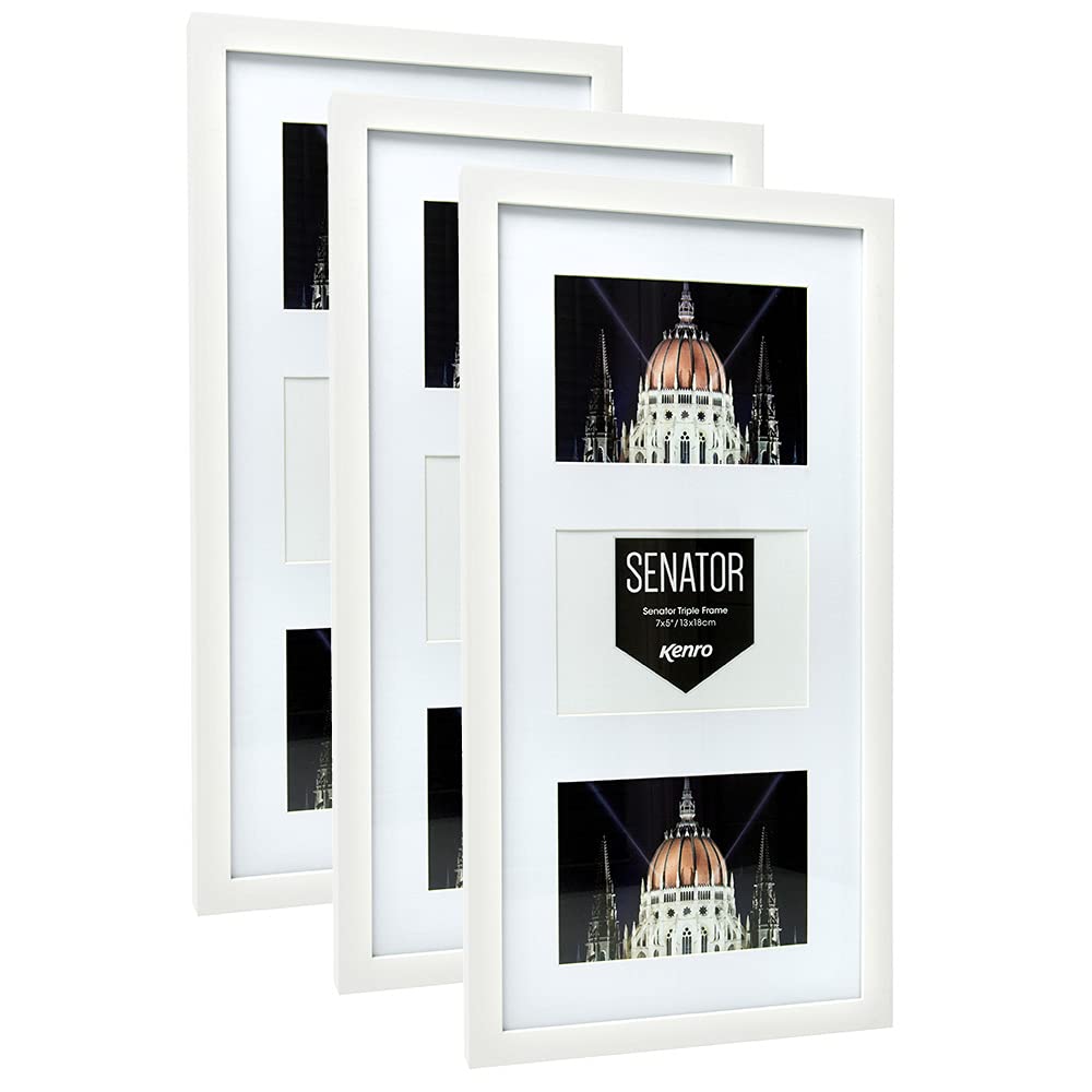 Kenro Box of 3 Senator White Wood Triple Photo Frames with White Mat for 3 Photos 6x4 inch / 10x15cm - SNF1015W/3