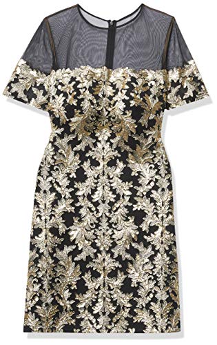 Tadashi Shoji Women's S/S Sequin LACE Gown W/Illusion Neckline, Gold/Black, 12
