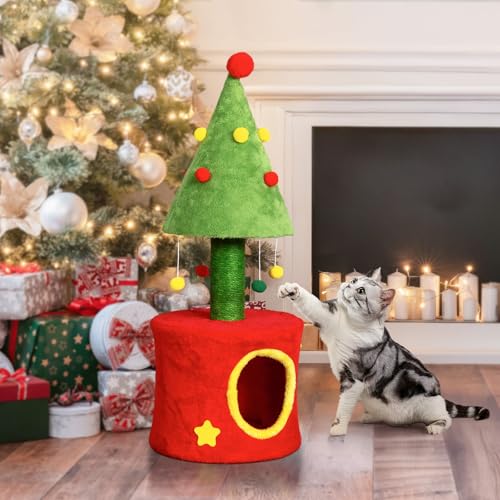 Árbol de gato navideño con casa y poste rascador 30in miniatura 3