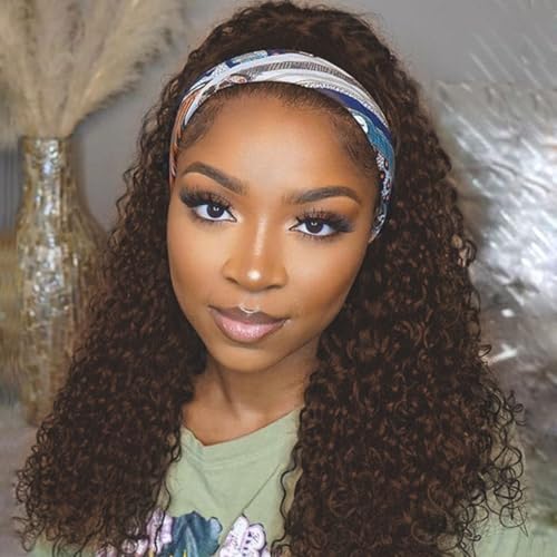 Image of Punmasa Headband Wig Human Hair Deep Wave Chocolate Brown 150% Density Glueless Machine Made Wig for Black Women, 24 Inches