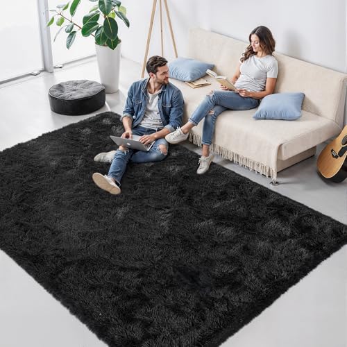Black Fluffy 8x10 Area Rug for Living Room, Plush Shag Rugs for Bedroom, Large Soft Furry Carpets for Kids Room, Modern Indoor Nursery Carpet for Classroom Dorm Cozy Comfy Home Decor