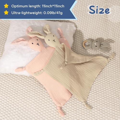 Image of ZIGJOY Bunny Lovey Muslin Cotton Baby Security Blanket Soft Breathable Lovies for Babies Gifts for Newborn Infant Toddler Boys and Girls, Pink & Khaki