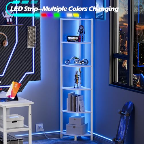 Image of Furnulem 6 Tier Corner Shelf with LED Light, 67.5 inch Tall Standing Shelf Organizer, White Narrow Bookshelf with Storage Rack for Wall Corner, Living Room, Bedroom, Metal Frame, Wood Display Shelf