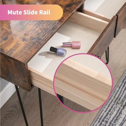 ijuicy Vanity Desk Set with Lighted Round Mirror, Makeup Vanity Table with 4 Storage Drawers, Makeup Dressing Table with Soft Cushioned Stool for Bedroom/Living Room (Retro Brown/White)