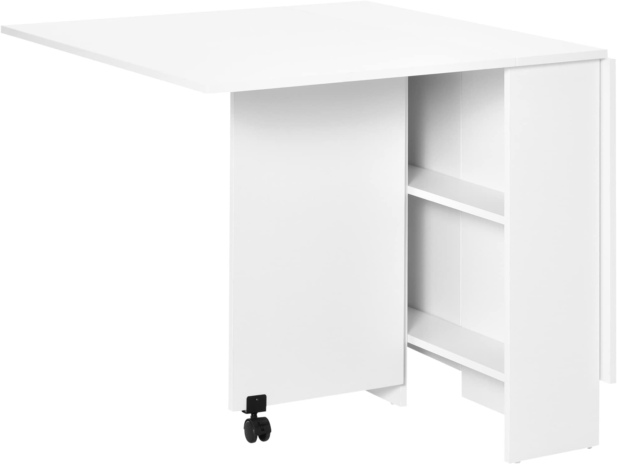 HOMCOM Mobile Drop Leaf Dining Kitchen Table Folding Desk For Small Spaces With 2 Wheels & 2 Storage Shelves White