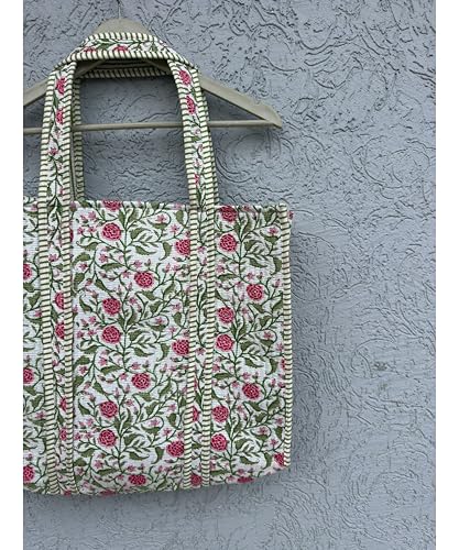 Image of Quilted Cotton Handprinted Reversible Large multicolor Floral Tote Bag,Hand Block Print Shopping Shoulder Carry Bag