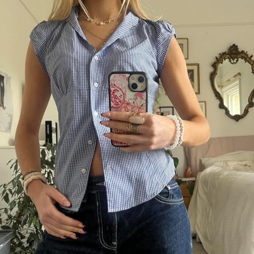 Image of Y2k Girls Vintage Coquette Button Down Shirt Women Short Sleeve V-Neck Slim Fitted T-Shirt Cute Blouse Crop Top