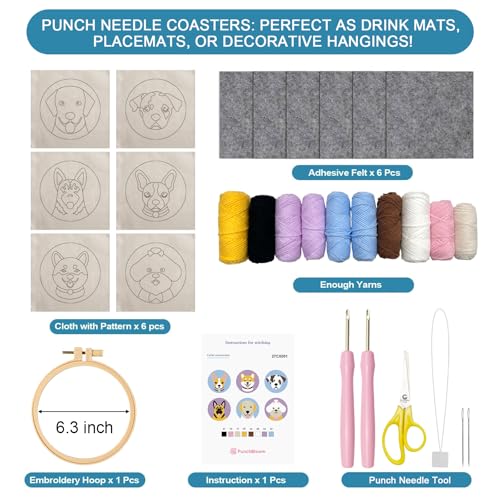 Image of Punch Needle Coaster Kit for Adults Beginners, Easy Punch Embroidery Starter Set with Instructions - Fun Mug Rug Making Kit for Table Decor & Festival DIY Gifts (6pcs Cute Dogs)