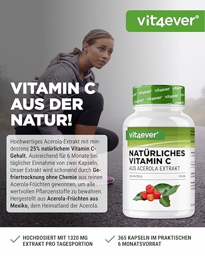 vit4ever Natürliches Vitamin C aus Acerola Extrakt - 365 Kapseln - Hochdosiert - Premium Rohstoff - Ohne unerwünschte Zusätze - Vegan
