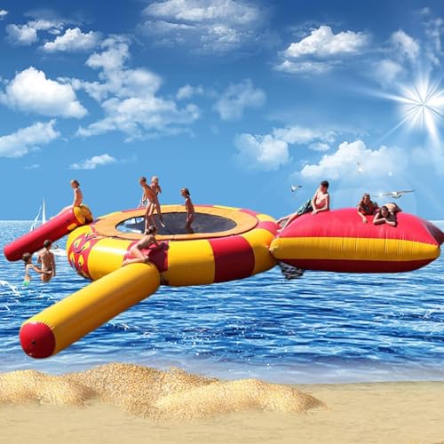 Lake Trampoline, Leisure Inflatable Water Trampoline, Portable Bounce Swim Platform, Sports Trampoline with Slide and Ladder, Water Floating Bed