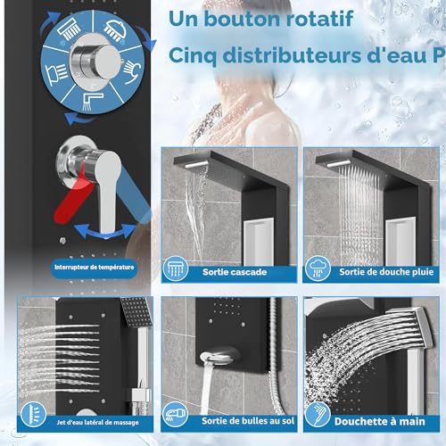 Colonne de douche en acier inoxydable avec étagère et hydromassage Aufun
