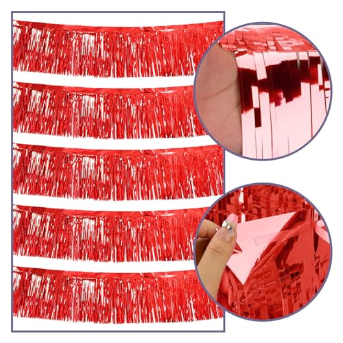 Image of 5 Pack 10 Feet Red Foil Fringe Garland Metallic Tinsel Streamers Backdrop Banner for Parade Floats Birthday Party Decorations Halloween Christmas Decoration