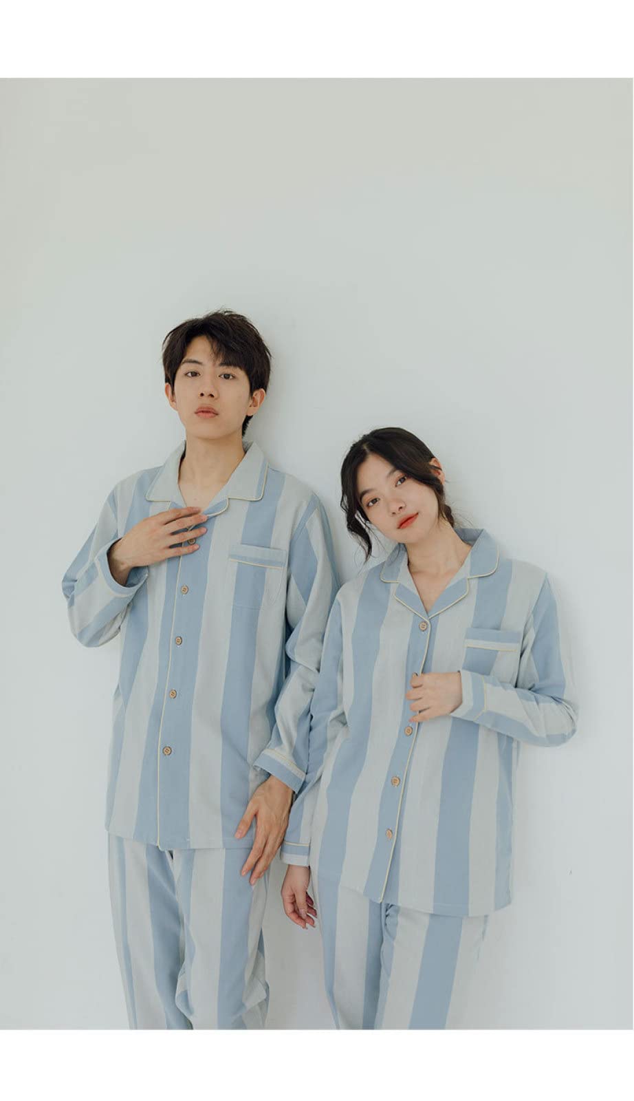 Conjunto De Dos Piezas De Pijama De Algodón para Mujer, Traje De Manga Larga para El Hogar De La Pareja, Felpa Cepillada De Algodón Hecha A Mano,Lake Blue,M (Peso 100-120 Catties)