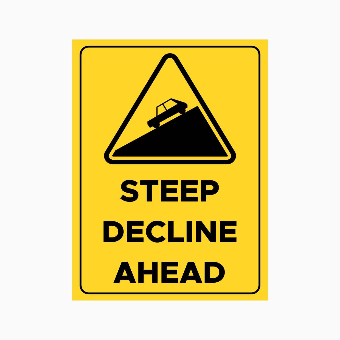 STEEP DECLINE AHEAD Sign, 12x8 Metal Tin Sign, traffic caution for roads with steep slopes and downhill sections.