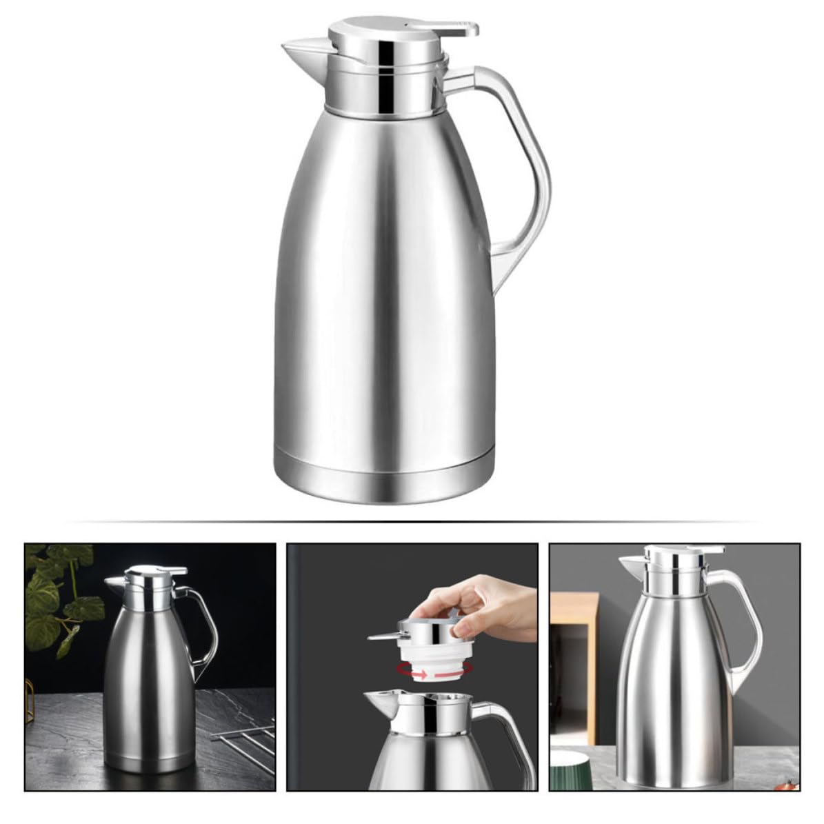 BESTOYARD Pichet Isotherme en Acier Inoxydable 2,3l Poignée, Grosse Gourde Isotherme pour Boissons Chaudes, Double Paroi, Usage Bureau et Hiver
