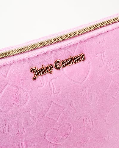 Juicy Couture Pink Makeup Bag Cosmetics Organizer Travel Essentials Zip Top Wedge Velour Heart Crown3