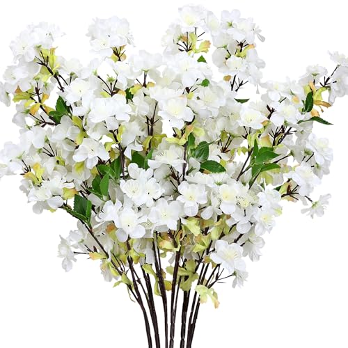 Scawim 6Pcs White 27 Artificial Cherry Blossom Branches for Home Decor