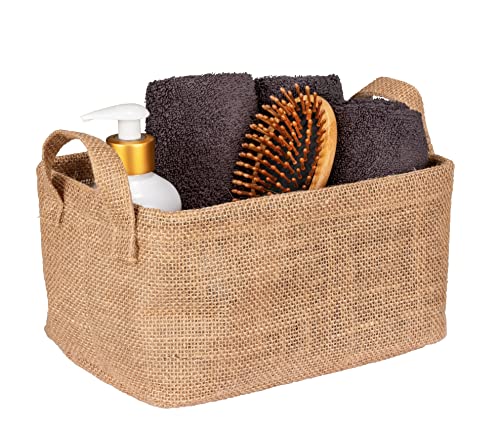 WENKO Aufbewahrungskorb Juna M, dekorativer Korb zur übersichtlichen Aufbewahrung von Accessoires wie z. B. Kleidung mit zwei praktischen Griffen, Außenmaterial 100% Jute, 24 x 17 x 17 cm, Braun