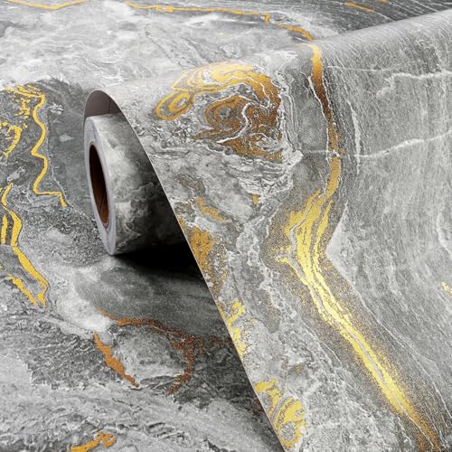 FunStick 40CMx6M Peel and Stick Wallpaper Grey and Gold Marble Self Adhesive Wallpaper Sticky Back Plastic Roll Grey Kitchen Cupboard Vinyl Wrap Kitchen Worktop Covering Marble Bathroom Wallpaper