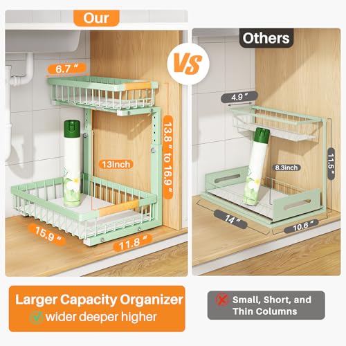 Image of PXRACK Under Sink Organizer, Adjustable Height, 2 Tier Pull Out Under Cabinet Organizer, Slide Out Thickened Metal Under Sink Storage for Kitchen Bathroom Laundry Pantry Cabinet, Green, Large-1-Pack