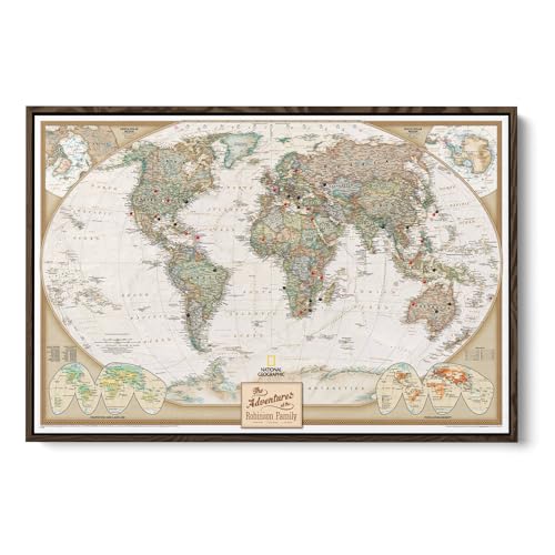 Image of Executive World Push Pin Map - National Geographic Antique Style Canvas Travel Tracker - Large Framed Wall Decor - Brown Float Frame - 30 inch x 45 inch