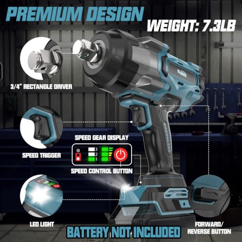 Image of Cordless Impact Wrench 3 /4 inch Compatible with Makita 18V Battery, 1850Ft-lbs(2500N.m) High Torque Impact Gun Heavy Duty, Brushless Electric Power Impact Driver with 4 Speed Modes & LED Work Light