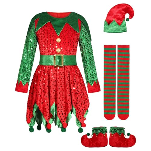 Miutii Vestido de elfo de Navidad para niña, vestido de elfo, manga larga, vestido de Navidad, disfraz de Papá Noel, traje de Papá Noel, rojo A 134-146