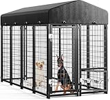 Sino Luban Outdoor Dog Kennel Outside Run with Doggy Door, Swivel Feeder&Roof - 8x4x6FT Large Dog Kennels Pens Outside for Large Dogs Breed- Heavy Duty Cage Yard (Can Connect to Your Dog House)