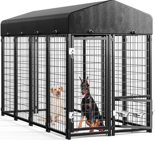 Sino Luban Outdoor Dog Kennel Outside Run with Doggy Door, Swivel Feeder&Roof - 8x4x6FT Large Dog Kennels Pens Outside for Large Dogs Breed- Heavy Duty Cage Yard (Can Connect to Your Dog House)