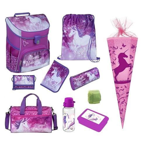 Familando Mädchen Schulranzen 1. Klasse · Scooli Campus Fit Schultasche · ergonomisch & leicht · Kinder Schulranzen Set für Mädchen (10-teilig mit Schultüte, Magic Unicorn Lila)