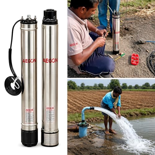 Image of AEGON HydroMax 1 HP Borewell Submersible Pump | 10 Stage Oil Filled Motor | 4 Inch Deep Well Water Pump | 42m Head, 83 LPM Flow | Copper Winding | For Home, Agriculture & Irrigation