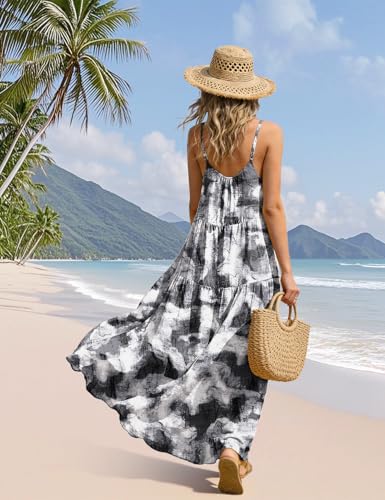Image of YESNO Summer Bohemian Floral Dresses for Women Spaghetti Straps Maxi Dress Casual Flowy Dresses with Pockets ES0