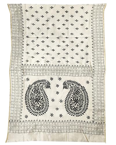 Image of SHRISTI CLOTHINGS Women's Hand Embroidered Cotton Silk Kantha Stitch Saree with Blouse Piece (SB430324 TWD71)