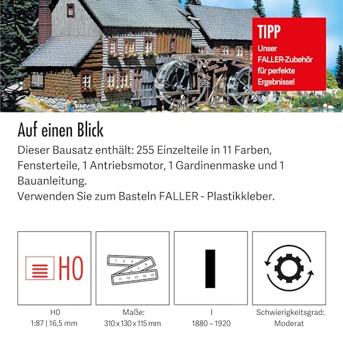 FALLER Hexenlochmühle Modellbausatz mit 255 Einzelteilen 310 x 130 x 115 mm I Modelleisenbahn Zubehör H0 I Modelleisenbahn H0 Schwarzwaldmühle, Weiß