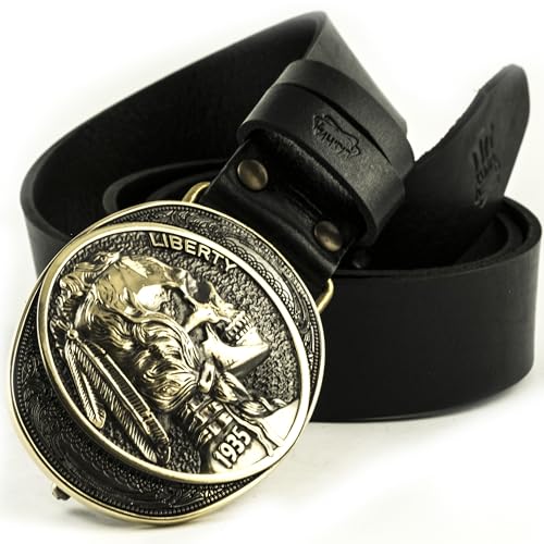 Leather belt Indian skull brass buckle, Liberty 1935, Chief skull, Indian head nickel, buffalo nickel, Native American history, cowboy belt3