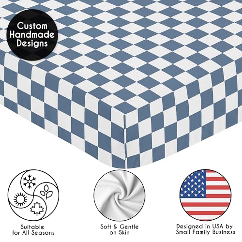 Image of Sweet Jojo Designs Fitted Baby Crib Sheets (Blue and White Gingham Checkered) for Boys, Infant Nursery, Toddler Room - Standard Size (Neutral, Plaid, Vintage, Modern, Check, Geometric, Retro, Slate)