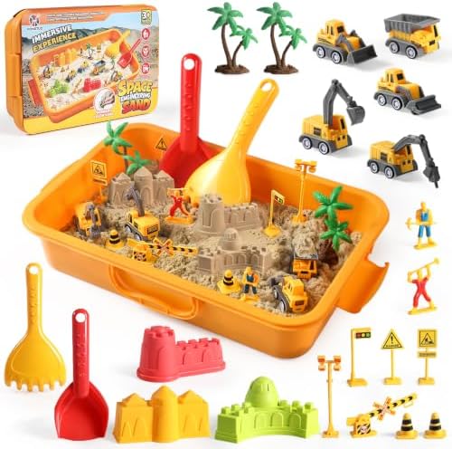 HONGTUO Construction Sensory Bin with 3.3lb Play Sand, Gift for Kids Age 3+