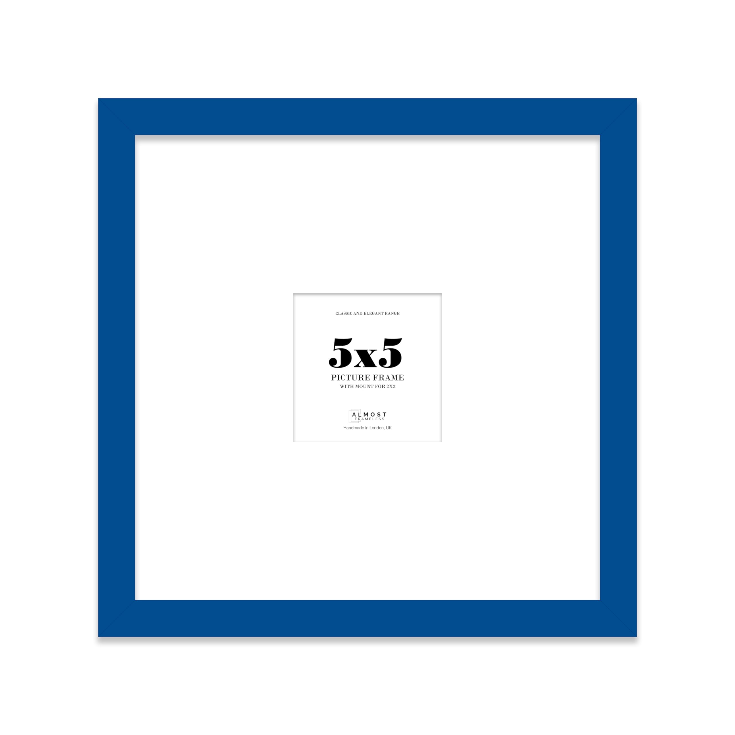 Almost Frameless 5x5 Square Picture Frame, Display Pictures 2x2 With Mat or 5x5 Without Mat, Wall Hanging & Free Standing Photo Frame, Blue, 1 Pack
