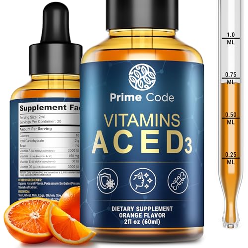 Prime Code Liquid Vitamin A Supplement for Women & Men with Vitamin C E and D3 Vitamin A C E D3 Drops for Adults Non-GMO Faster Absorption & Immune Support Natural Orange Flavor Drops