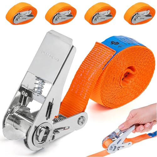 4 Stück Spanngurte mit Ratsche (4m/6m) - 800kg 25mm - in Orange oder Grün Ergolash - Spanngurt, Zurrgurt einteilig – Ratschengurt für Motorrad (Orange, 4m)