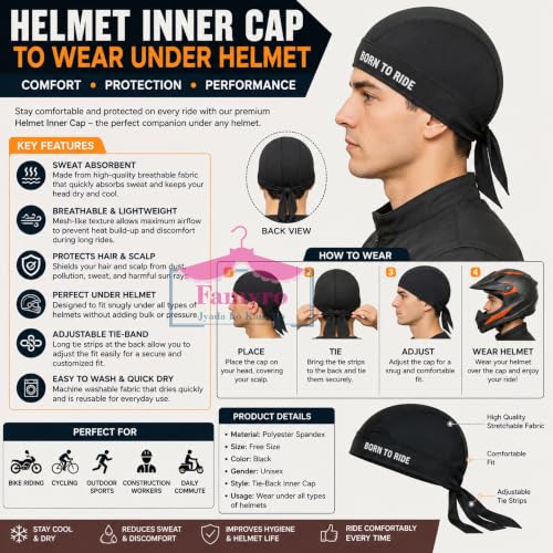 Image of Under Helmet Liner Cap for Men & Women | Inner Cap for helmat Breathable Sweat Absorbent Quick Dry Skull Cap | Tie-Back Helmet Inner Cap for Bike Riding, Cycling, Running & Outdoor (Black)