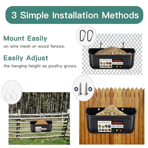 Terminalia 2 Pack Duck Chicken Feeder | Hanging Fence Feed Trough | Goose Turkey Water Trough with Clips | Livestock Feeding Container | Poultry Feed Trough Bucket | 5 Quarts | Green