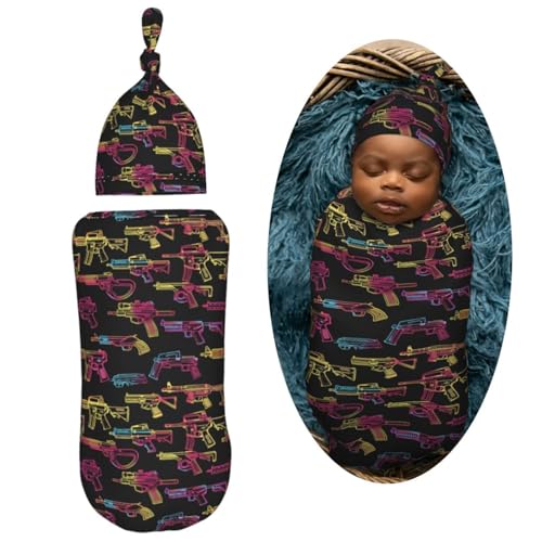 Image of Neon Various Popular Guns Newborn Swaddle Blankets Hat Sets Soft Baby Receiving Blanket Swaddle Sack for Baby Shower Infant Boy Girl Gift